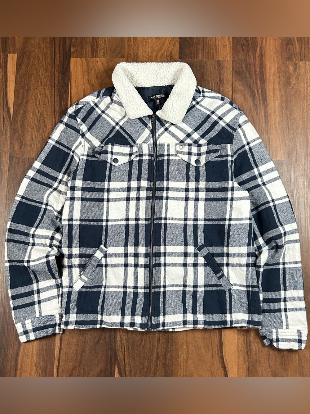Y2K True Religion Navy & White Plaid Sherpa Collar Jacket